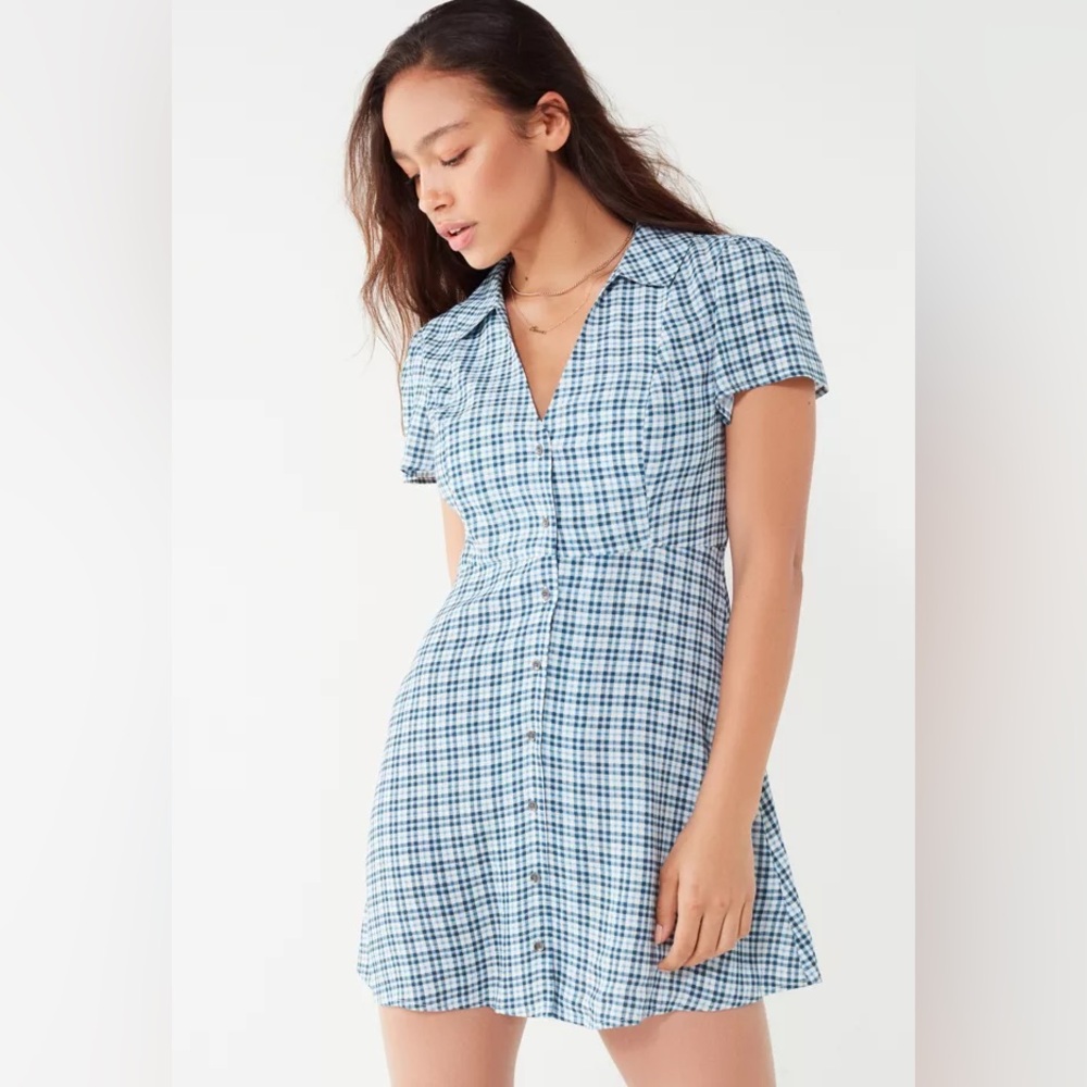 Urban Outfitters Plaid Blue Mallory Button Down Mini Dress